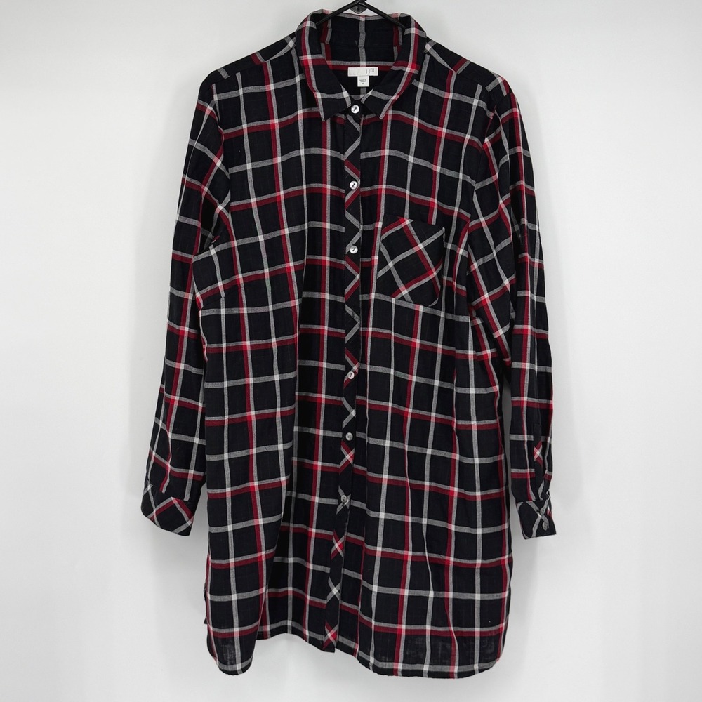 J. Jill Womens XL Red Black White Plaid Cotton Button Down Tunic Shirt